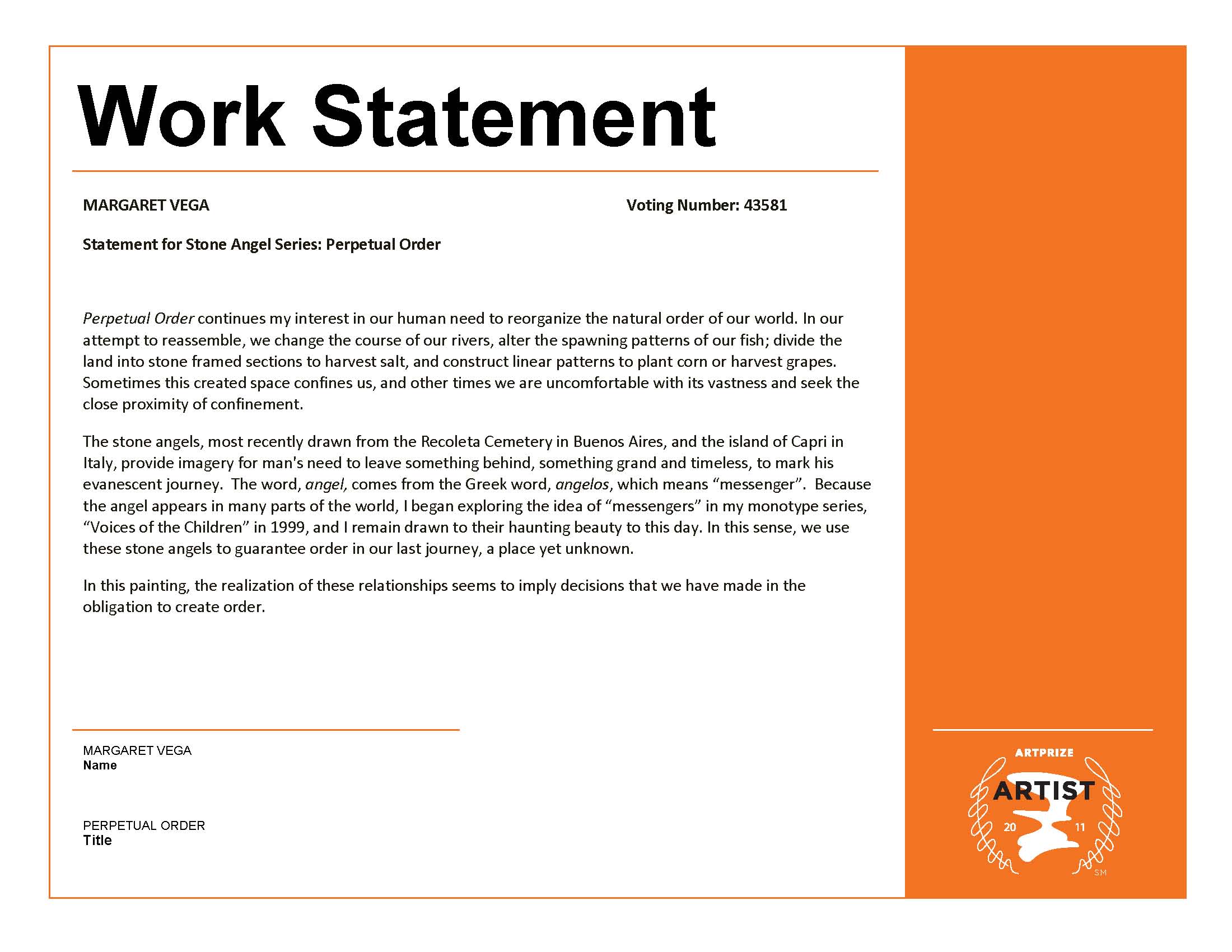 Artist Statement for Stone Angel: Perpetual Order