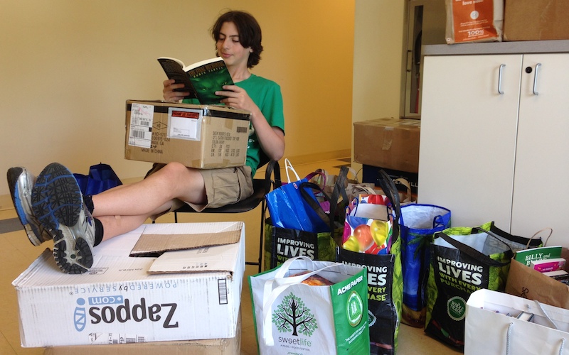 Jonah with his bags of books. 