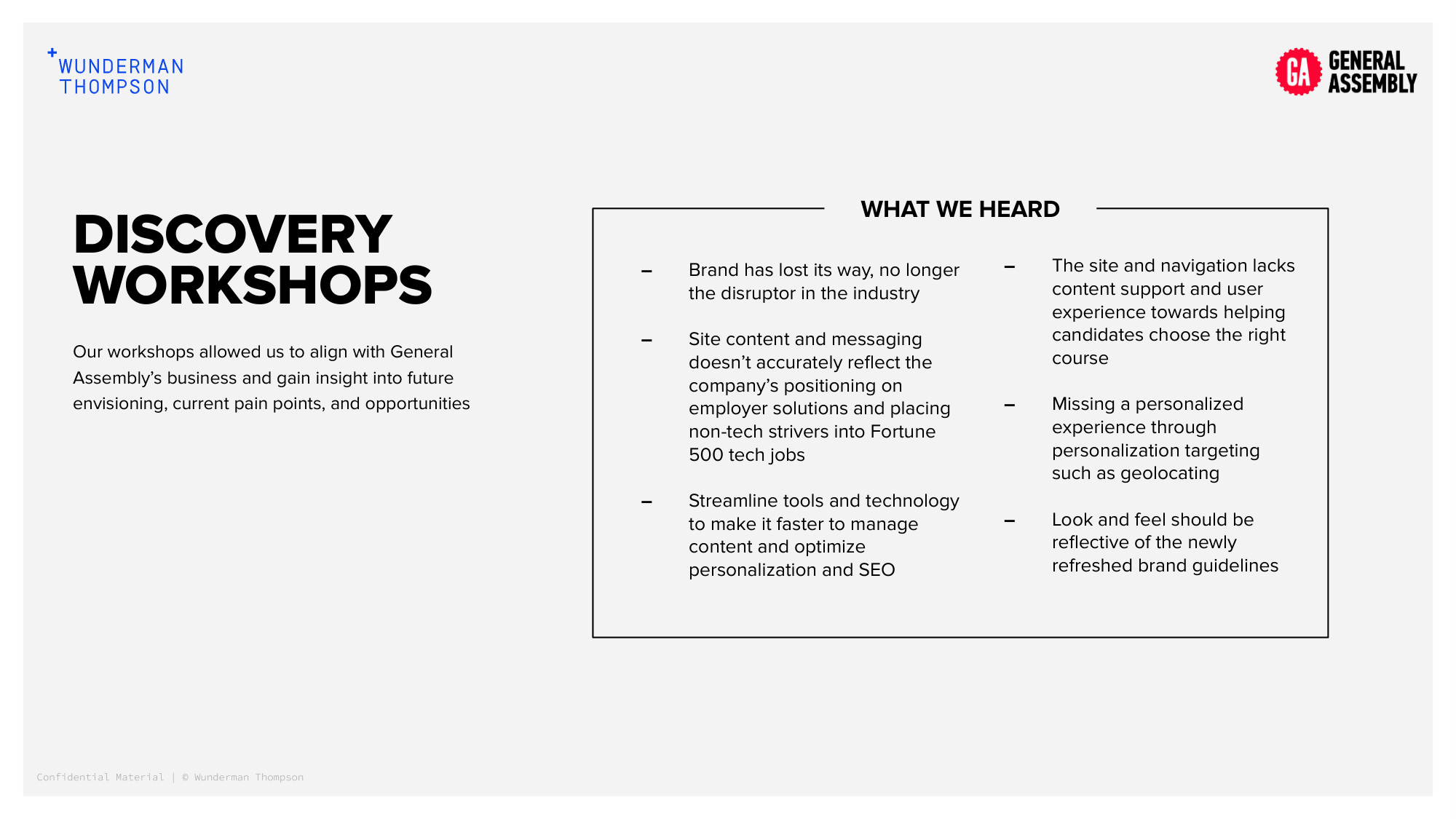 Discovery workshop synthesis showing six key findings from internal stakeholder sessions