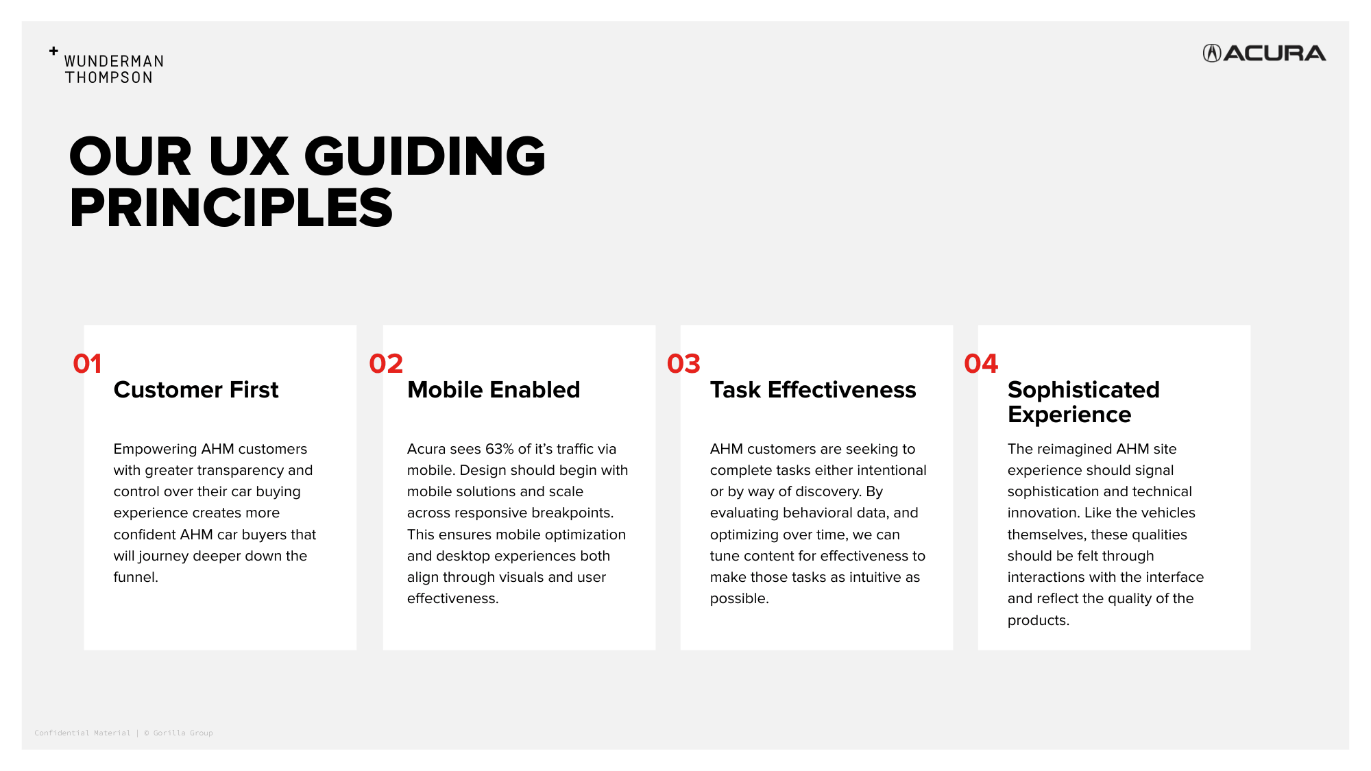Slide: Four UX guiding principles — Customer First, Mobile Enabled, Task Effectiveness, Sophisticated Experience