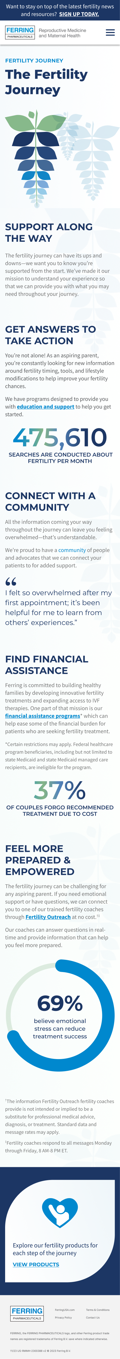 Ferring Fertility mobile layout of the Fertility Journey page for aspiring parents — responsive typography, stat callouts, and support sections