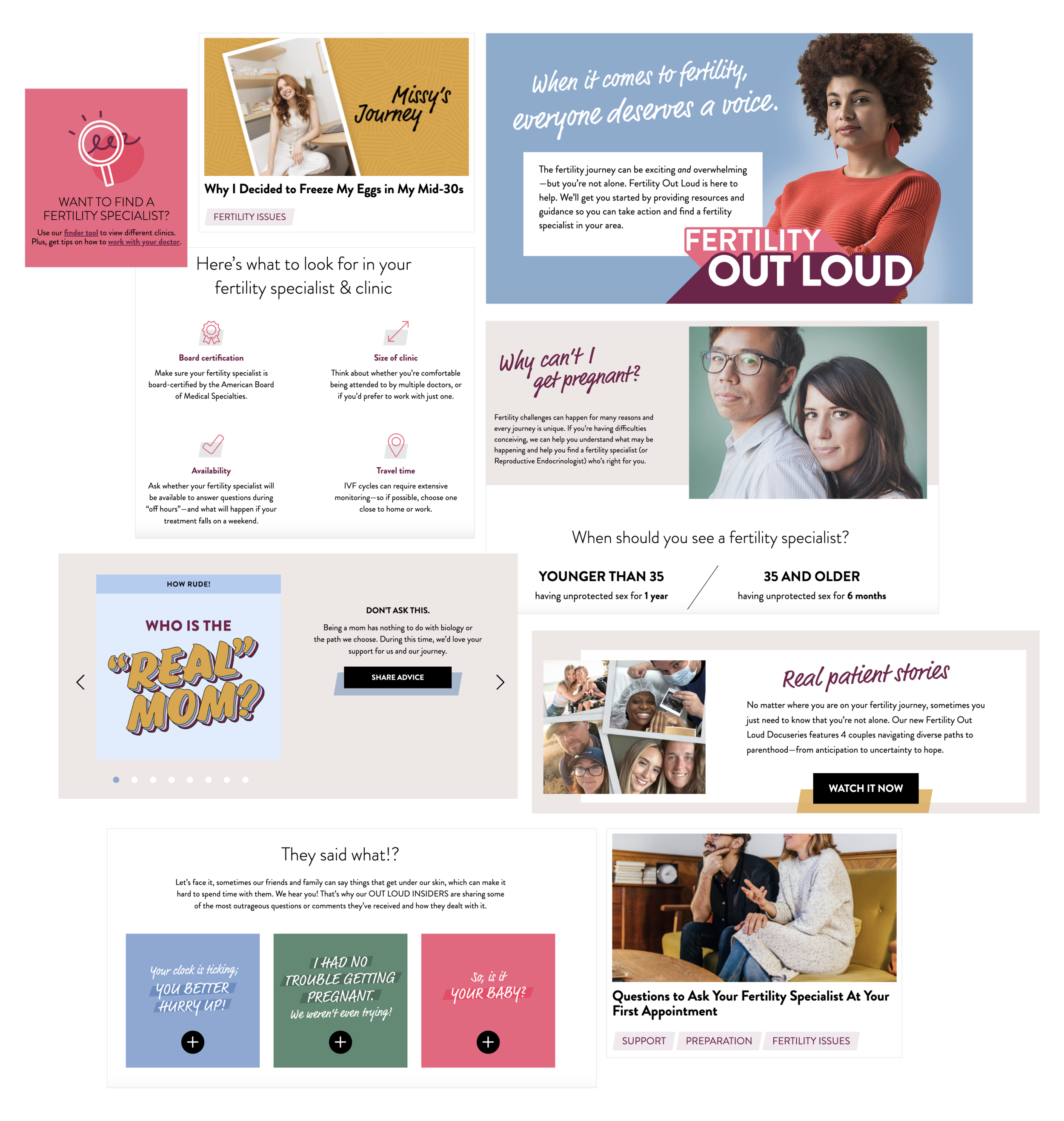 Fertility Out Loud platform screens showing the community-first design with patient stories, specialist finder, and bold typographic identity
