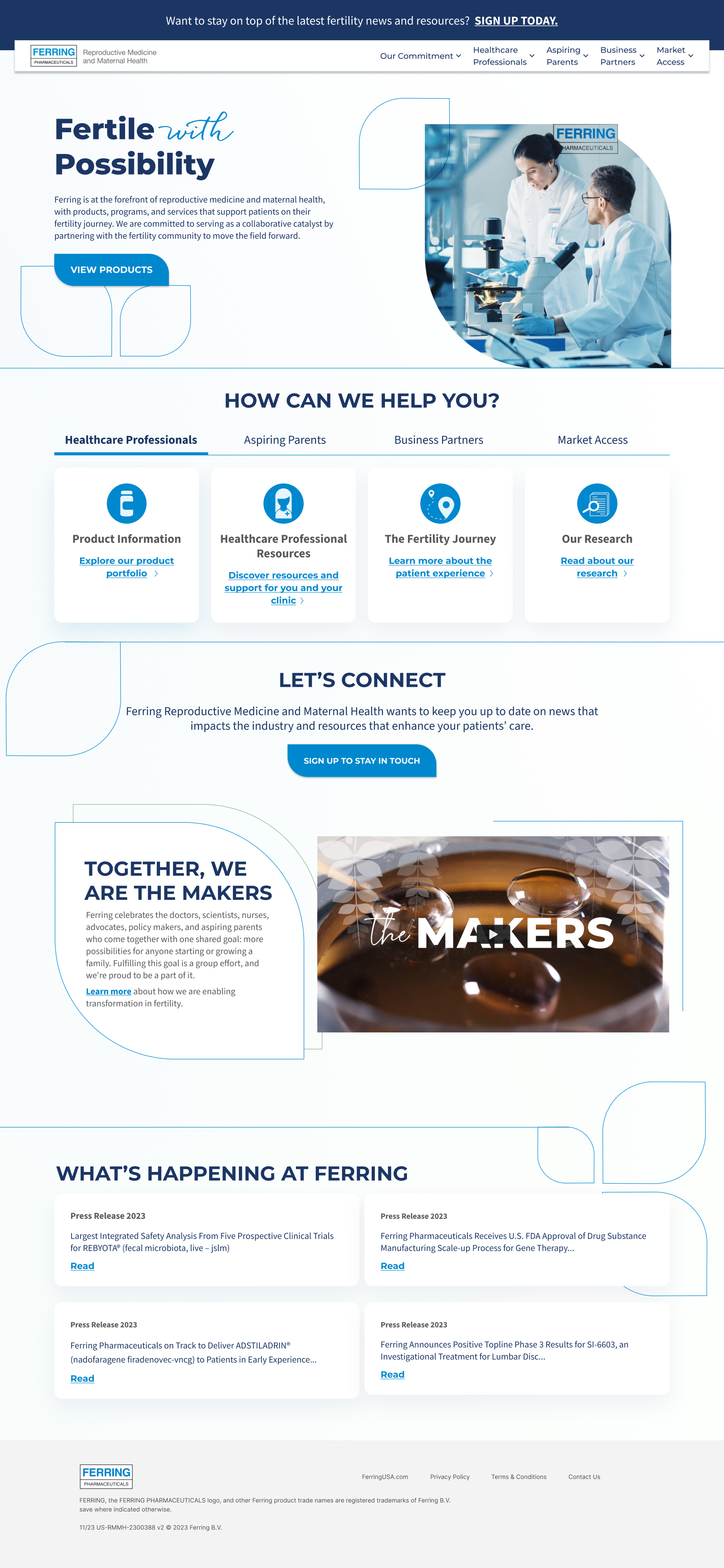Redesigned Ferring Fertility homepage — audience-segmented navigation, warm clinical visual language, How Can We Help You section