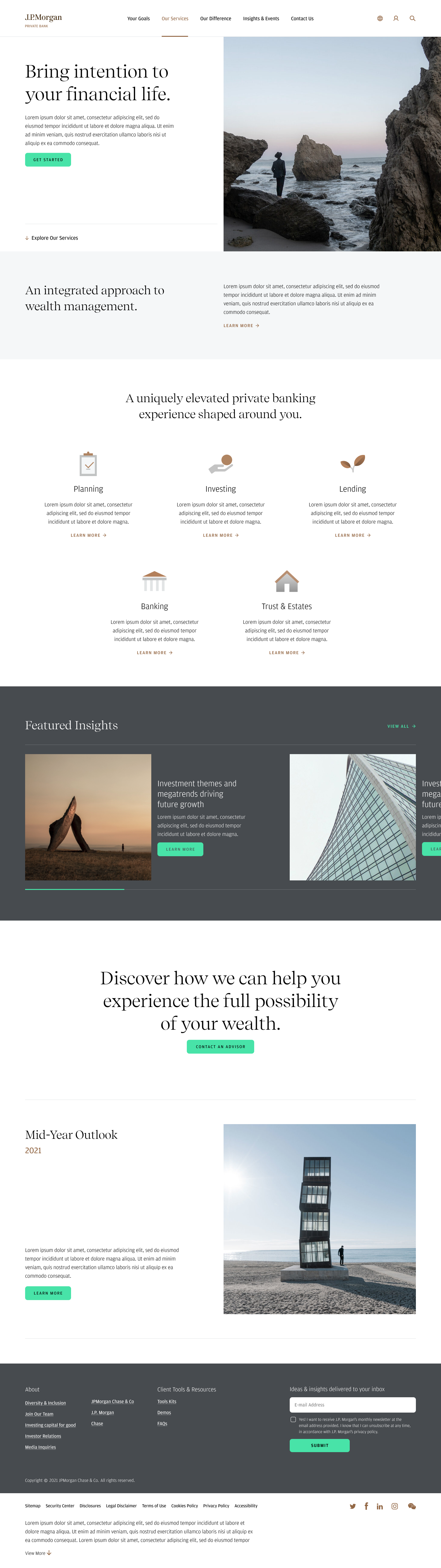 Redesigned Our Services landing page for JPM Global Private Bank showing client-language navigation, services overview grid, and featured insights module