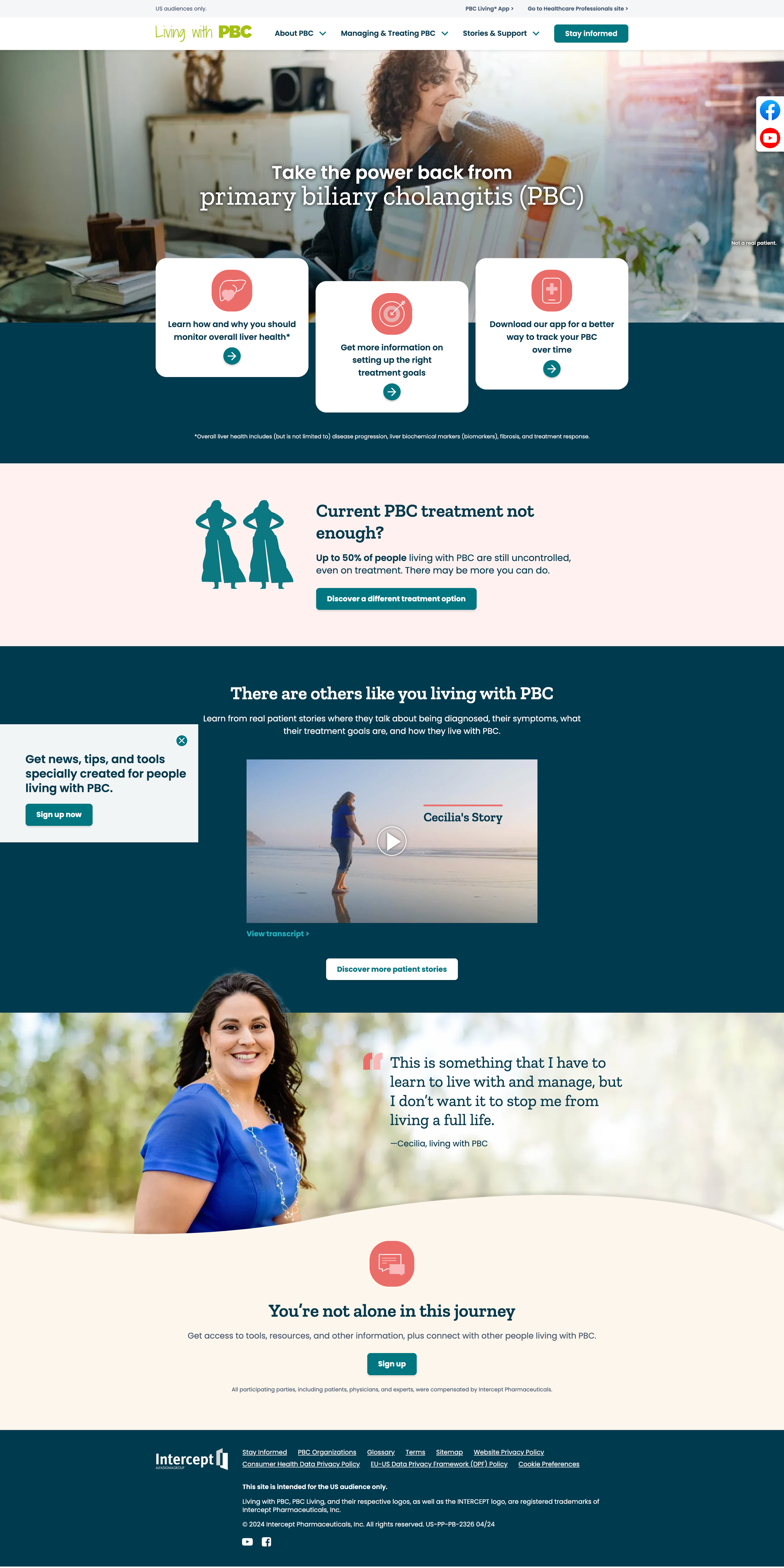 Living with PBC homepage showing warm, patient-centered design with 'Take the power back' headline and navigation