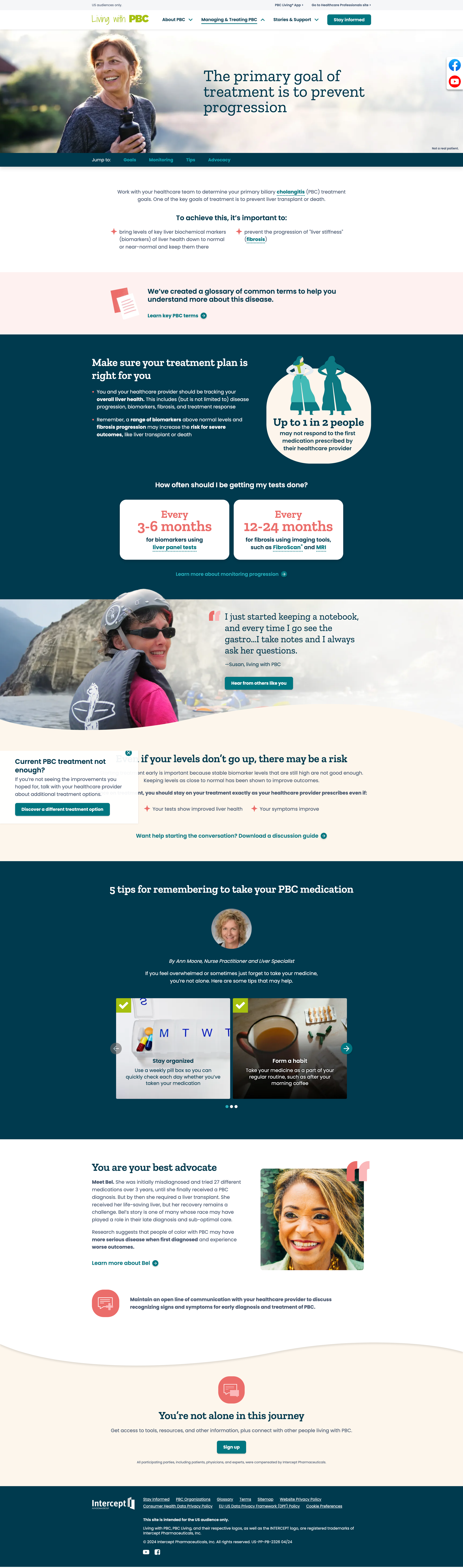 Living with PBC 'Treating PBC' page showing treatment goals, biomarker monitoring guidance, and testing frequency