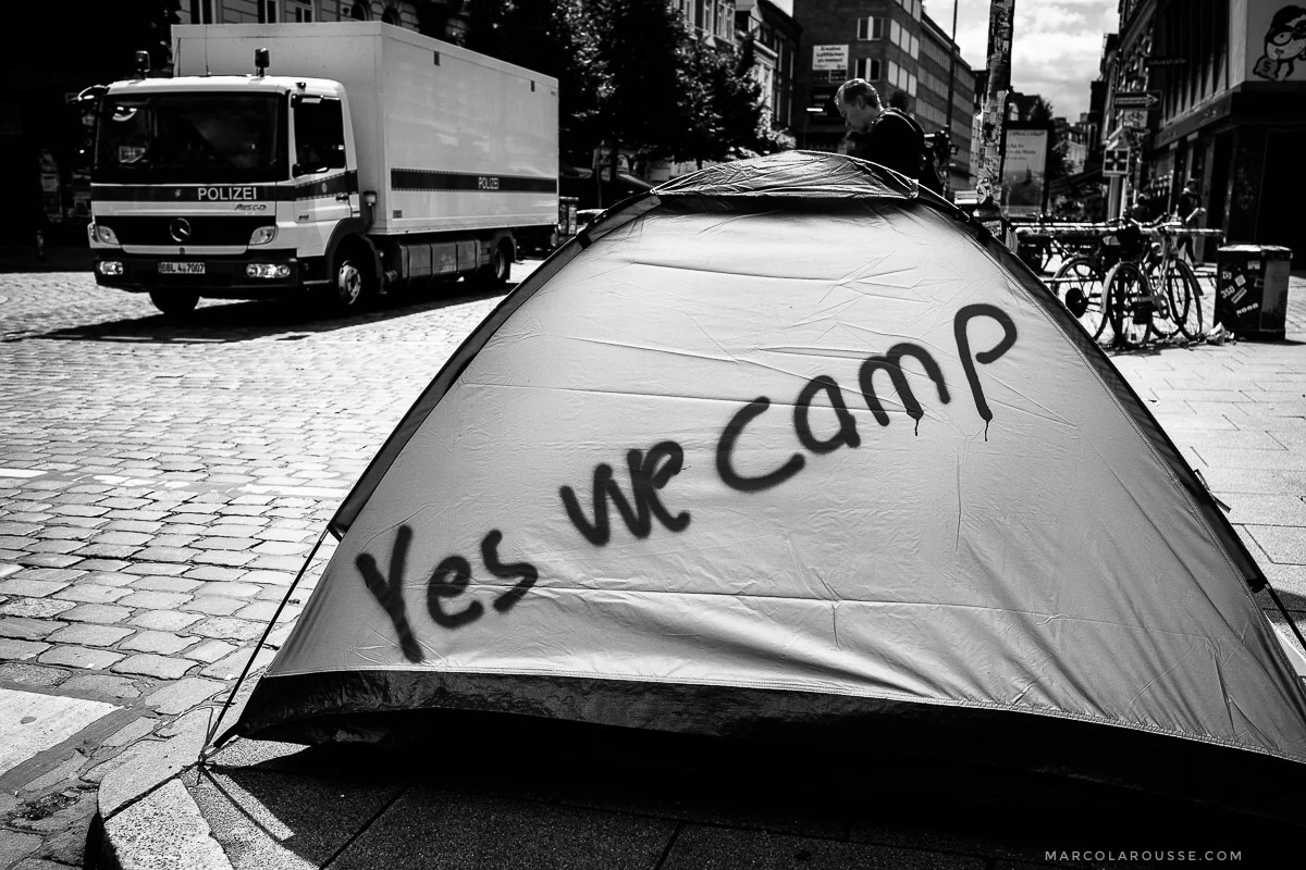 The Hamburg police had been fighting legal battles with protest organizers who wanted out of town protesters to sleep in a protest camp. "Yes we camp" is their slogan to protest the camp ban.