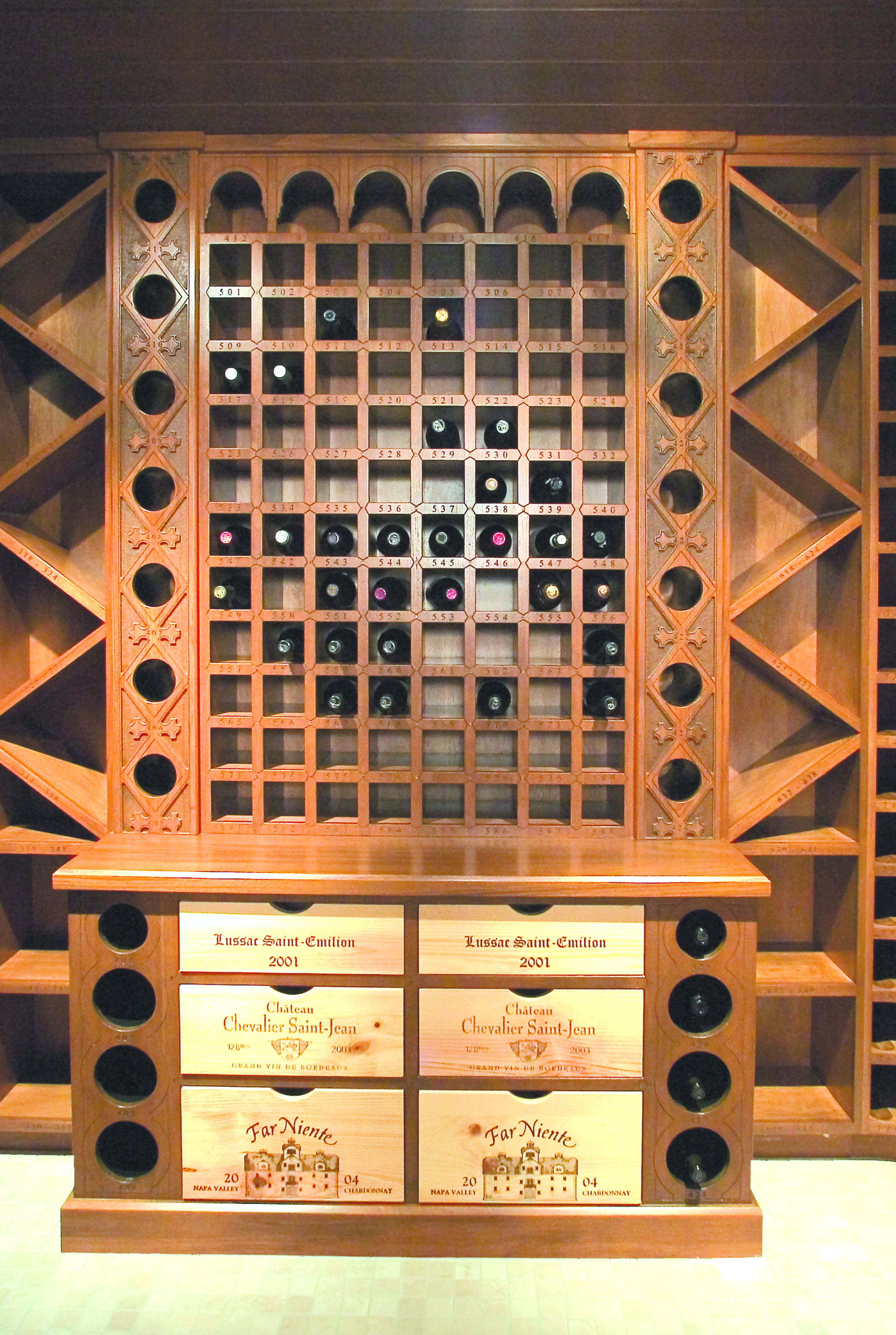  wine rack with artistically carved draws designed and built by Gabriel McKeagney 