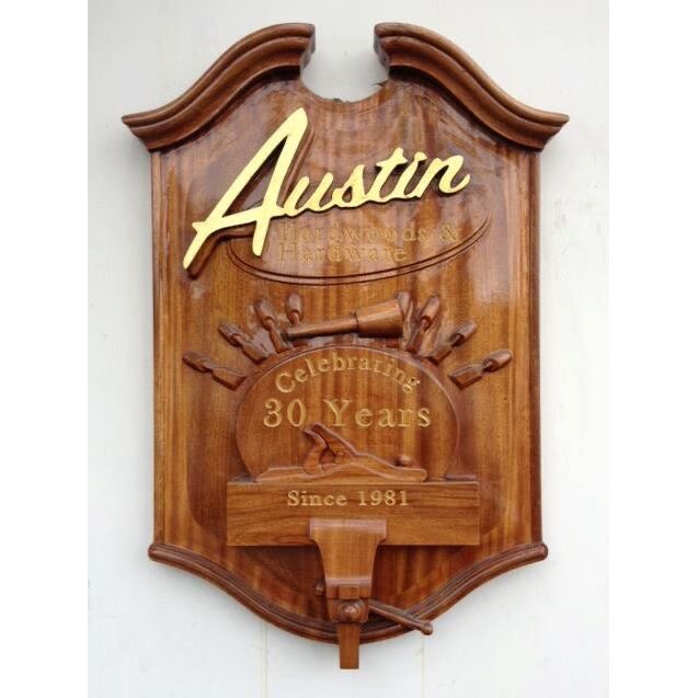 Austin Hardwoods commissioned '30 year Anniversary' hardwood carved plaque.