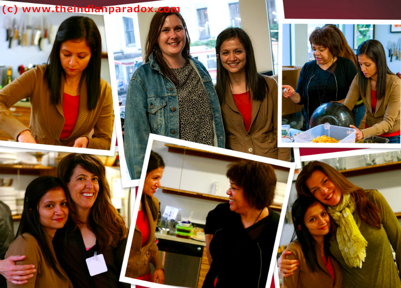 TOP LEFT: That's me assembling the Bhel Puri ---TOP CENTER: My helper and friend Courtney Cummins ---TOP RIGHT: Gwendolyn Wright standing right next to me while I am plating the Bhel Puri BOTTOM LEFT: My wine expert & spokeswoman Erica and me ---BOTTOM CENTER: Gwen and I having a light banter in the middle of all this! ---BOTTOM RIGHT: My other helper and friend Belinda Quintanilla and me. Photos Courtesy : Emily Anderson @ www.EmilyAnderson.me