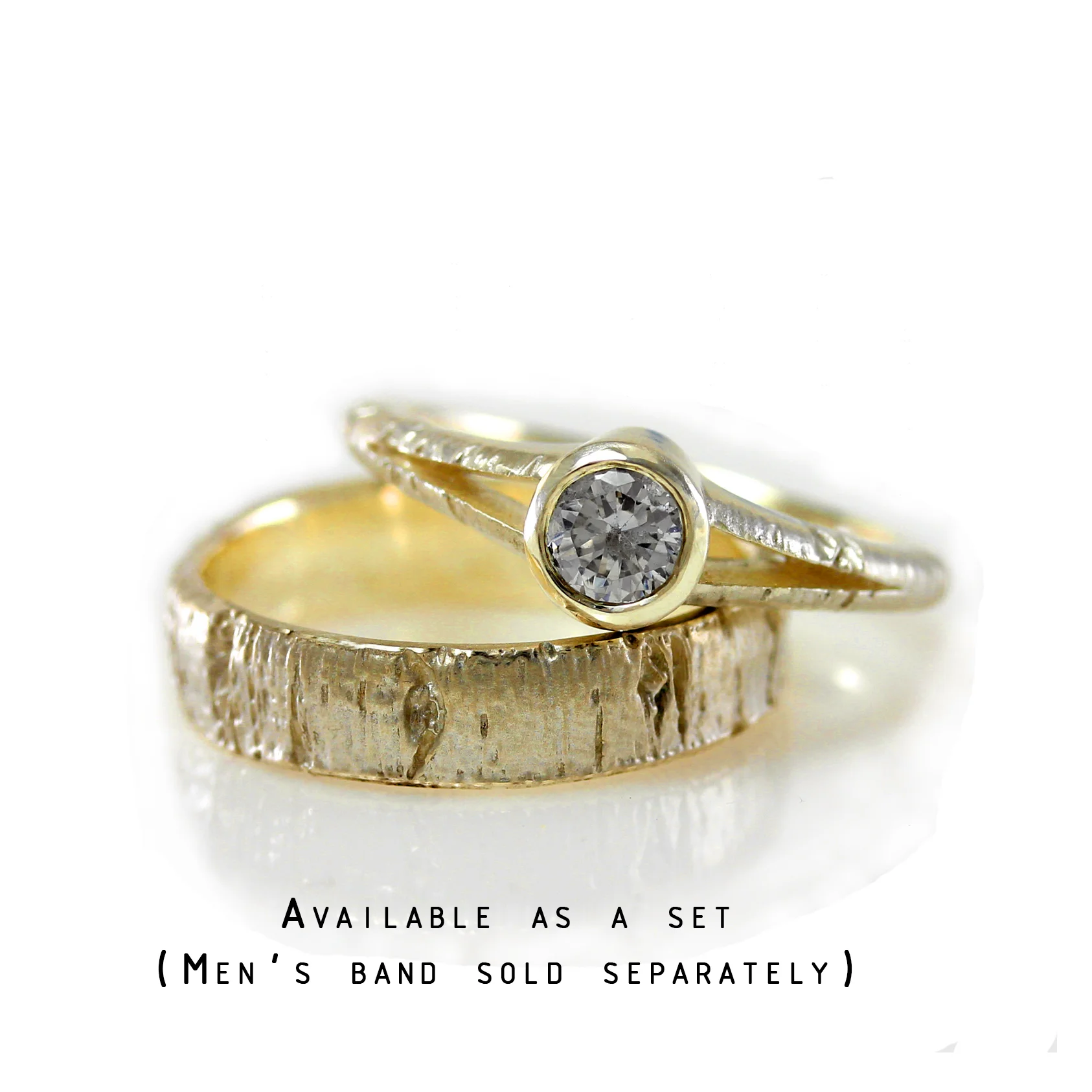Aspen bark themed solitaire engagement ring with moissanite center stone. Featuring Forever Brilliant center stone Moissanite. Great alternative to diamond solitaire for engagment ring. 
