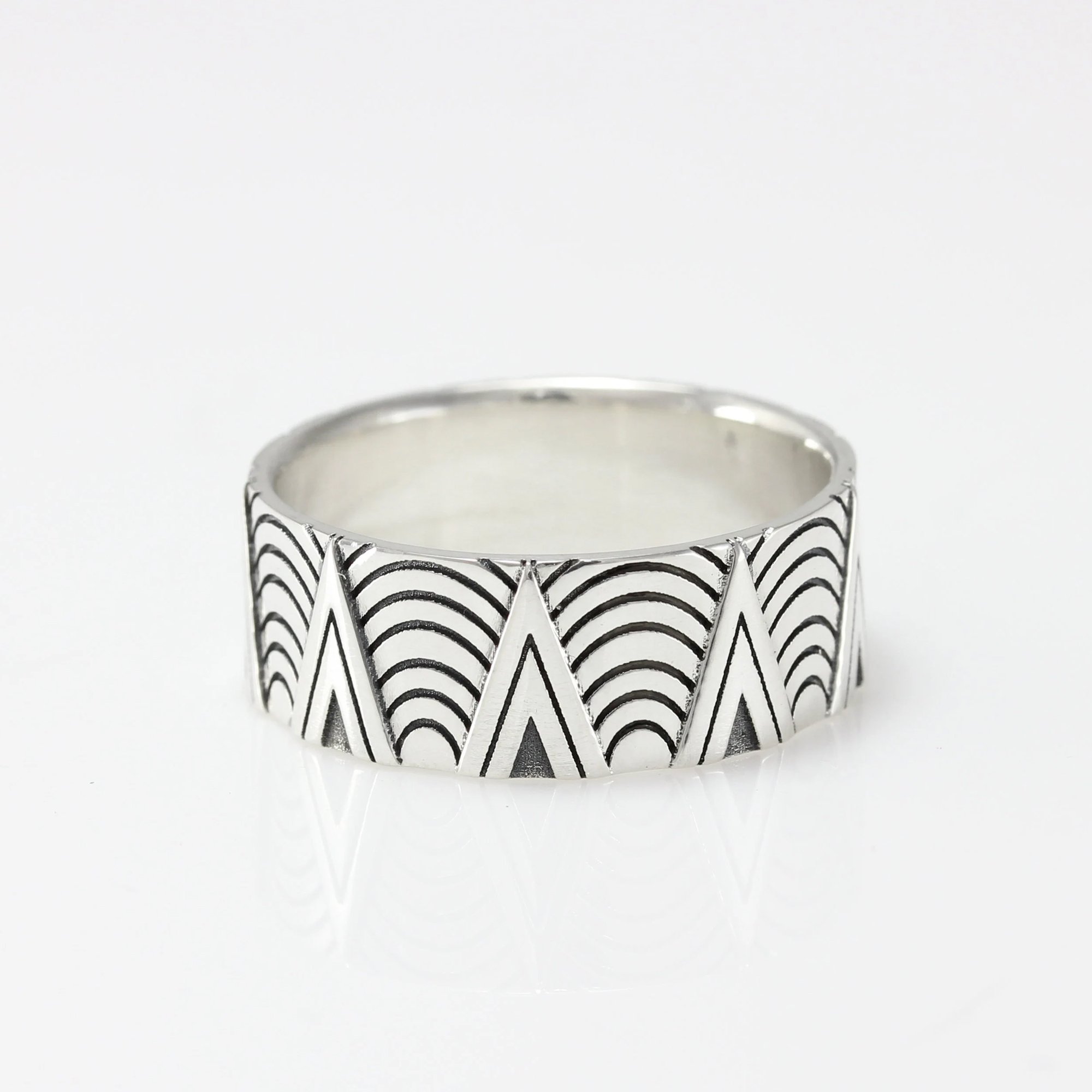 Art Deco Geometric Ring – Oxidized Silver Unisex Band Solid Gold or Silver