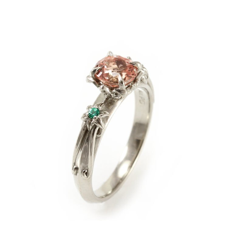 Love's Chapel Engagement Ring - White Gold with Champagne Sapphire and Emerald lab stones - 1 ct Aerith Engagement Ring