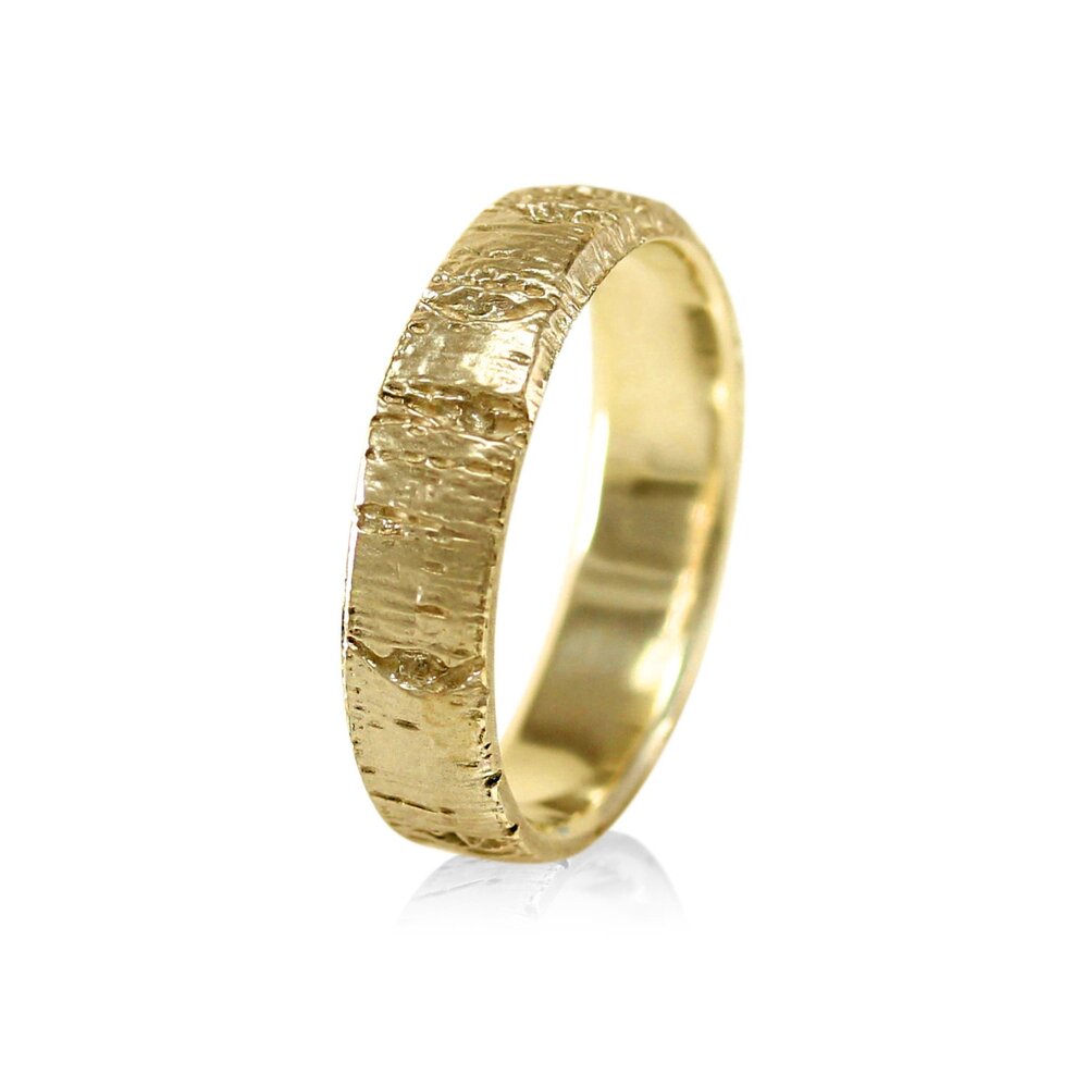 Aspen Tree Bark Ring, Mens Yellow Gold Wedding Band, 10k-18k Gold