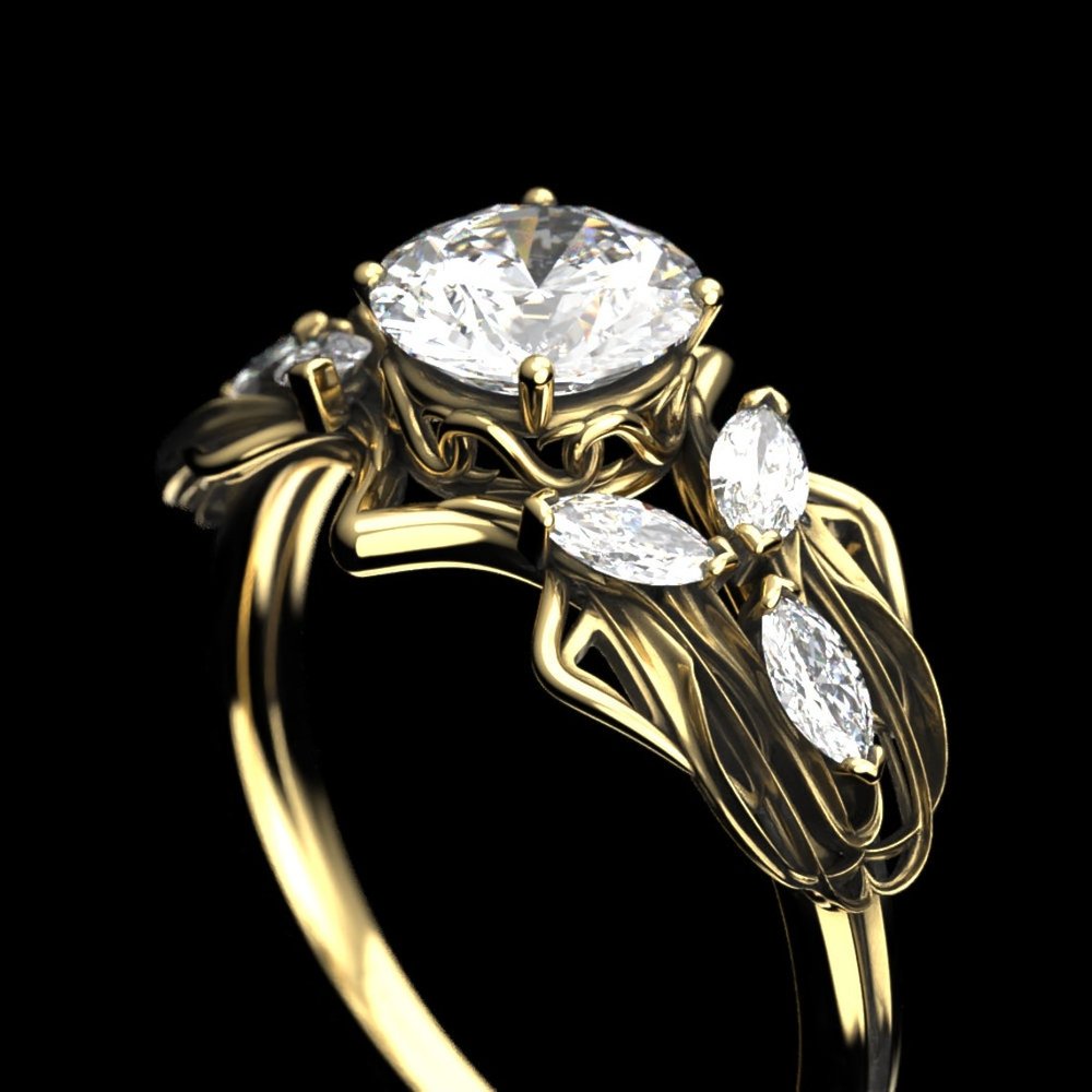 Elven Engagement Ring with ~1 carat Moissanite - Art Nouveau Alternative Engagement Ring