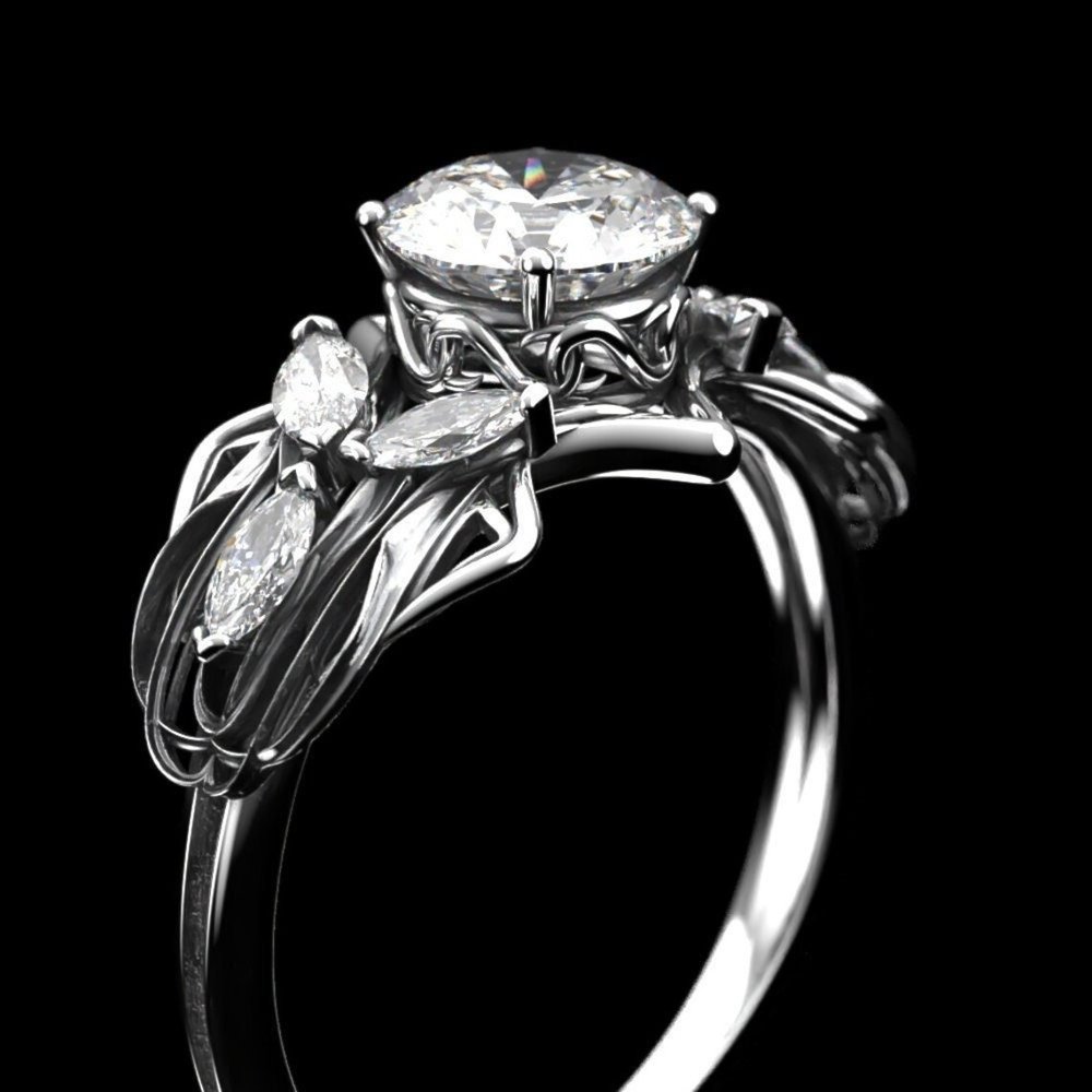 White Gold Elven Engagement Ring with ~1 carat Moissanite - Art Nouveau Alternative Engagement Ring