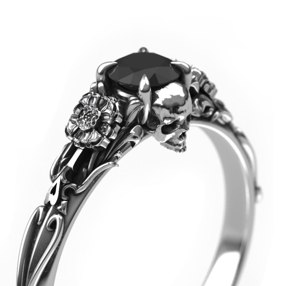 Edwardian Floral Black Diamond Skull Engagement Ring with Marigold