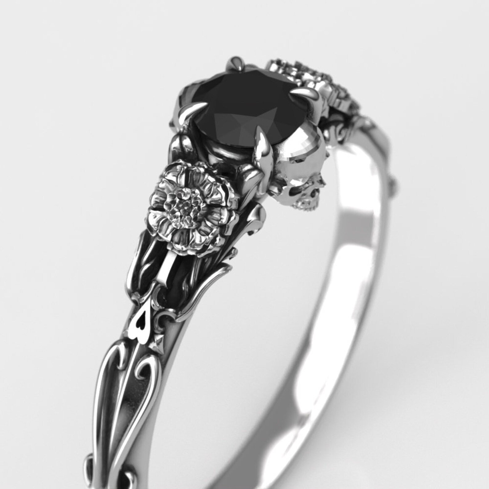 Edwardian Floral Black Diamond Skull Engagement Ring - Alternative Gothic Engagement Ring with Marigold 6.jpg