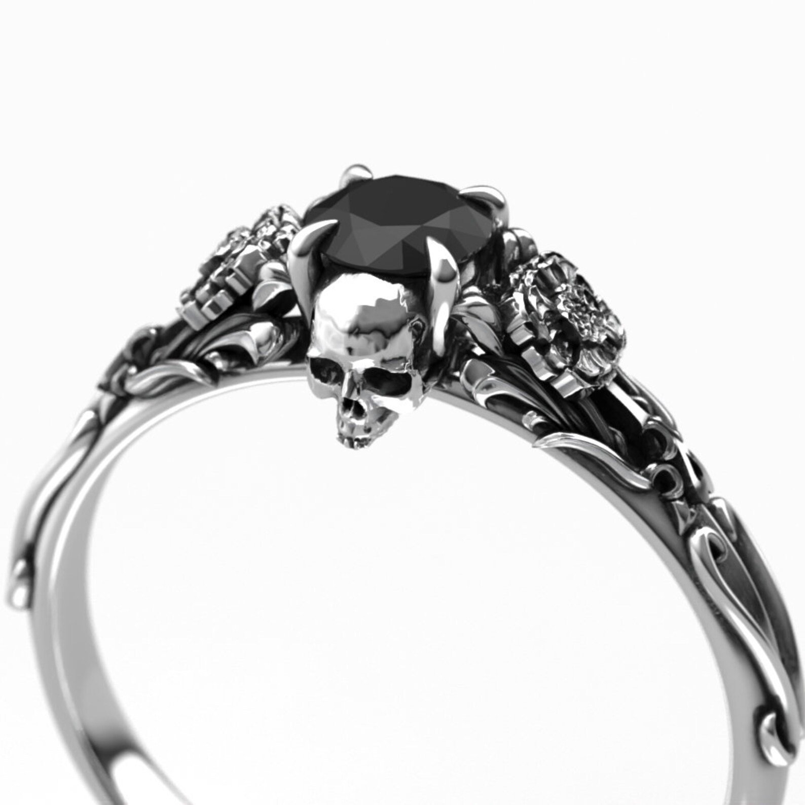 Edwardian Floral Black Diamond Skull Engagement Ring - Alternative Gothic Engagement Ring with Marigold 5.jpg