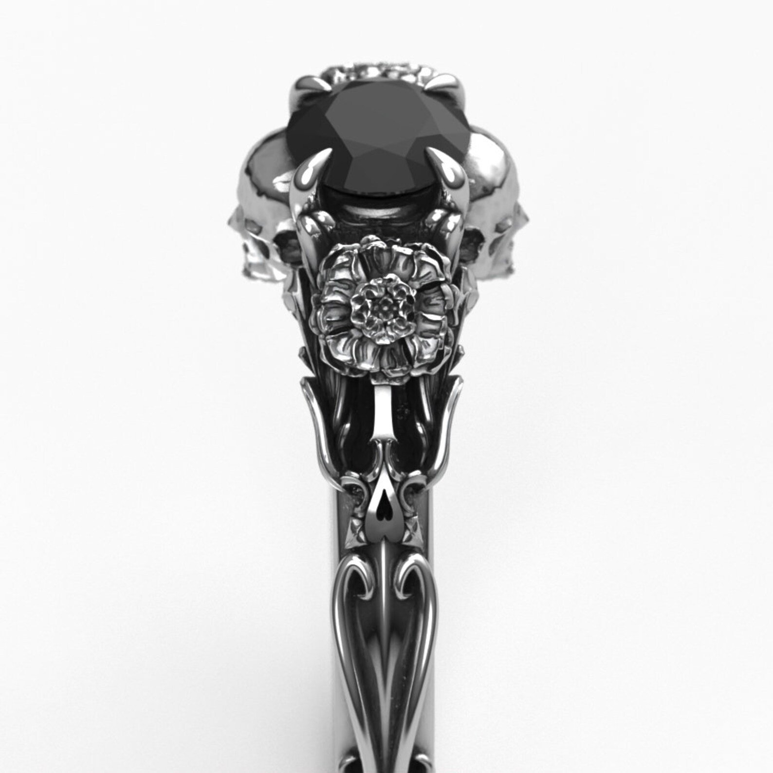 Edwardian Floral Black Diamond Skull Engagement Ring - Alternative Gothic Engagement Ring with Marigold 3.jpg