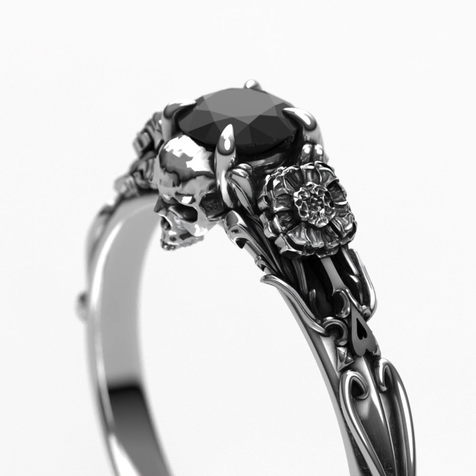 Edwardian Floral Black Diamond Skull Engagement Ring - Alternative Gothic Engagement Ring with Marigold 2.jpg
