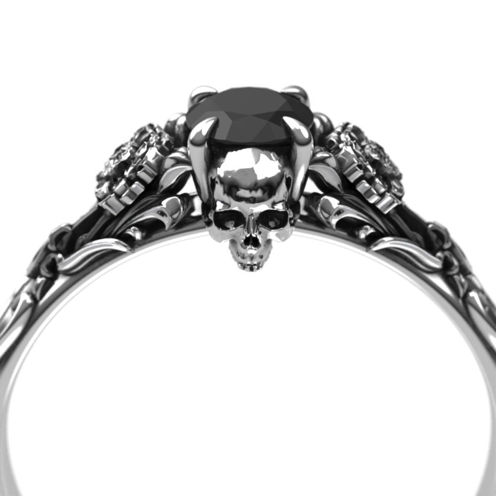 Edwardian Floral Black Diamond Skull Engagement Ring - Alternative Gothic Engagement Ring with Marigold.jpg