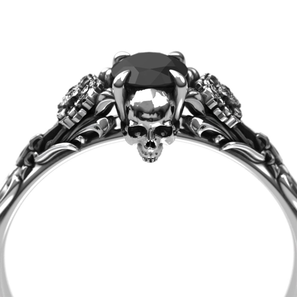 Edwardian Floral Black Diamond Skull Engagement Ring - Alternative Gothic Engagement Ring with Marigold.jpg