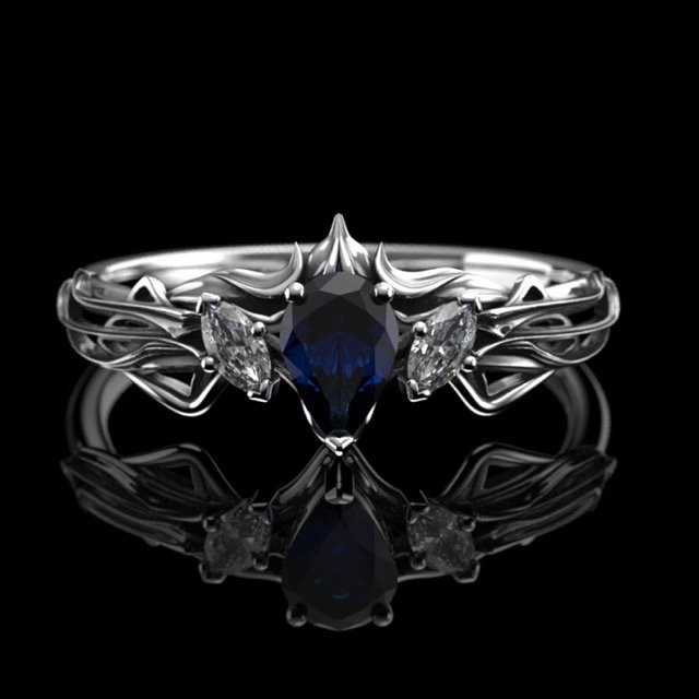 Elven Crown Engagement Ring with Pear Cut Sapphire - Art Nouveau Alternative Engagement Ring - Tiara Ring