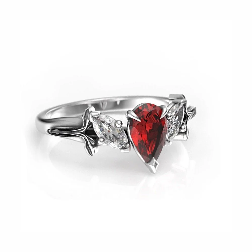 Art Nouveau Pear Lab Ruby Engagement Ring - Elvish Moissanite White Gold