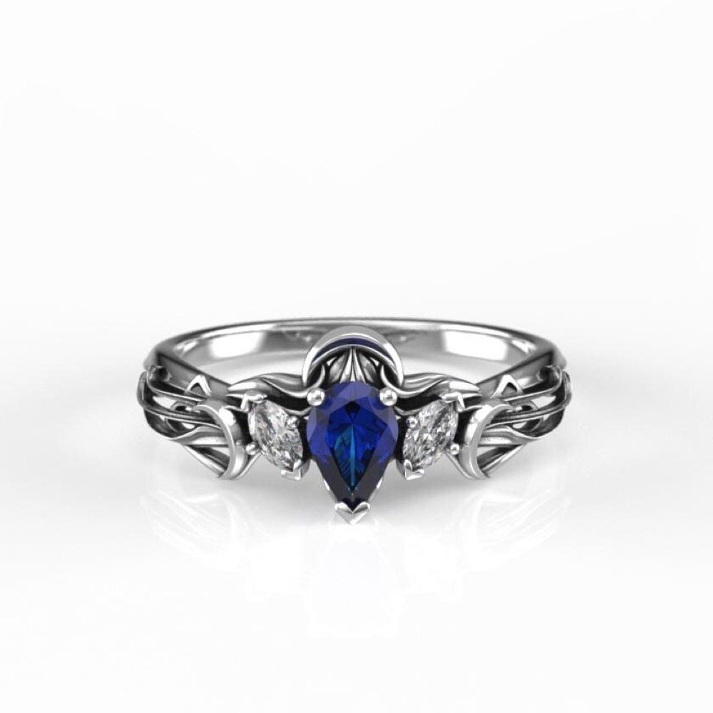 Art Nouveau Sapphire Engagement Ring, Pear Cut Blue Gemstone, Solid White Gold, Moon Theme
