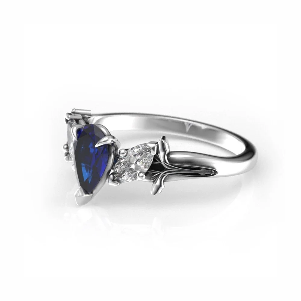 Art Nouveau Engagement Ring with Pear Cut Lab Sapphire - Elvish Flower White Gold Ring