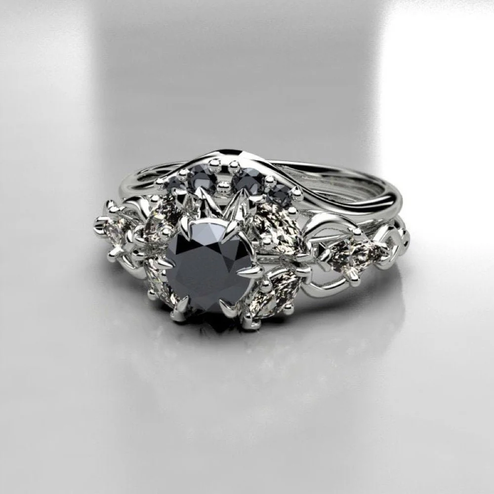 Black Diamond Elven Wedding Ring Set - Art Nouveau Engagement Ring White Gold