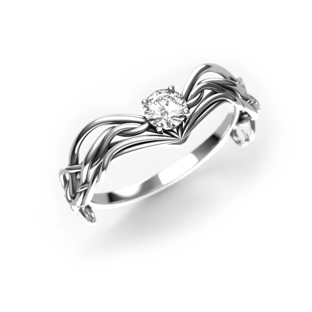 Braided Diamond Engagement Ring – Elvish Woodlands Fantasy, Handmade Solid White Gold