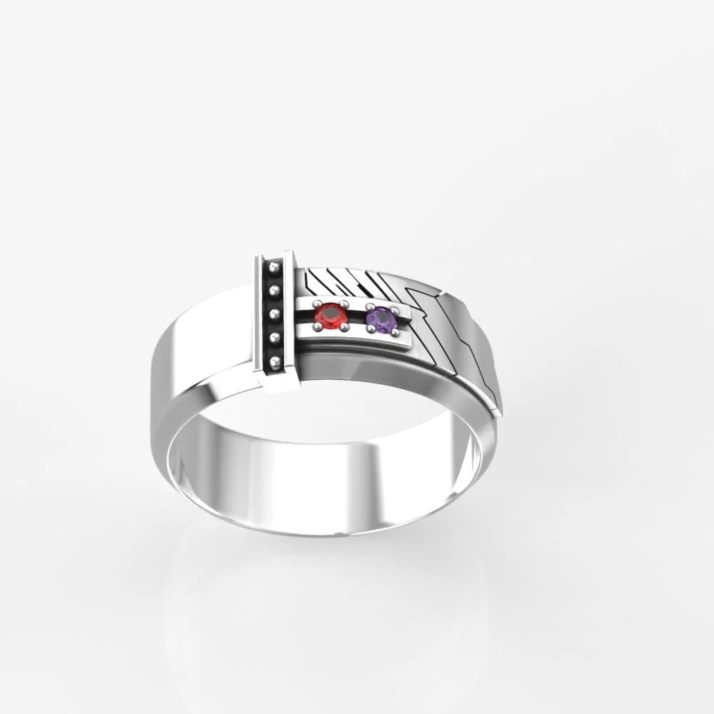 Buster Sword Inspired Sterling Silver Ring – Ruby & Amethyst Wedding Band