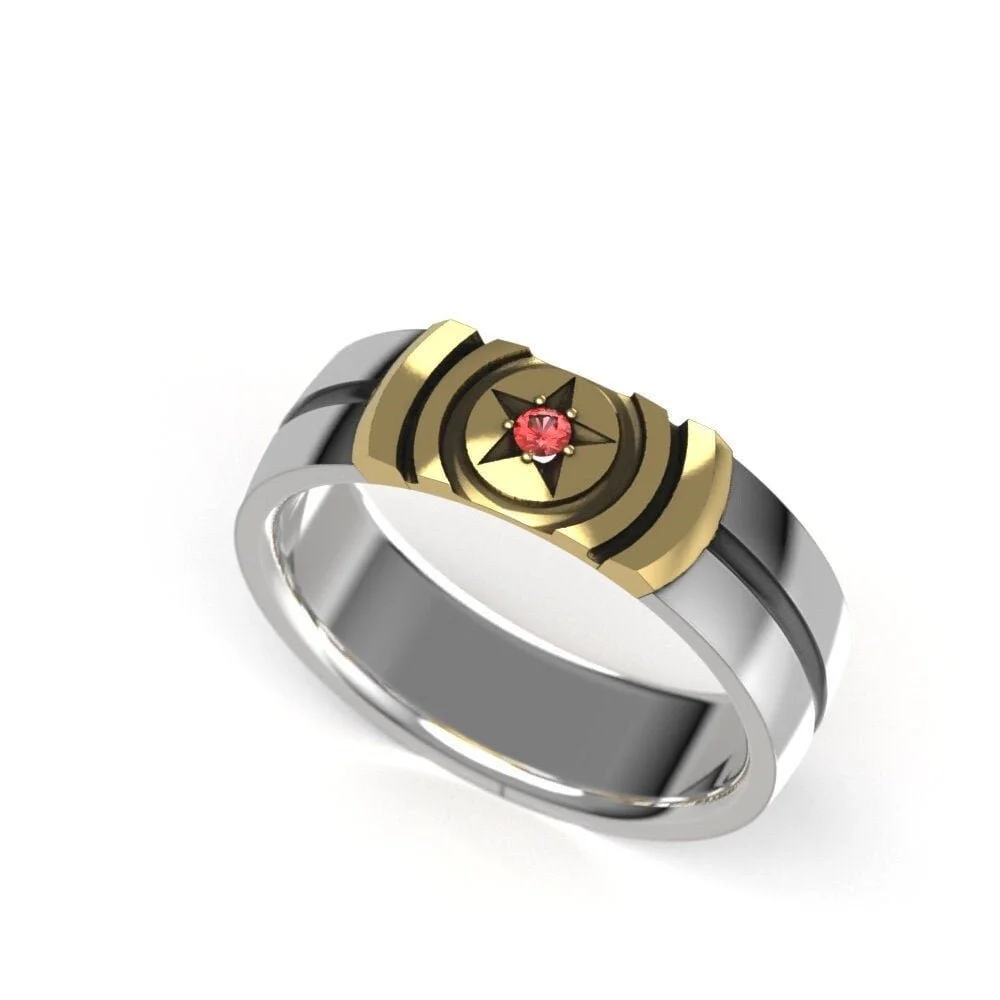 Captain America Inspired Ring – Gold and Silver Wedding Band with Lab Ruby
