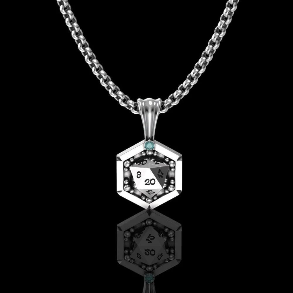 D20 Dice Necklace with Teal Blue Diamond - Sterling Silver Dungeons and Dragons Pendant