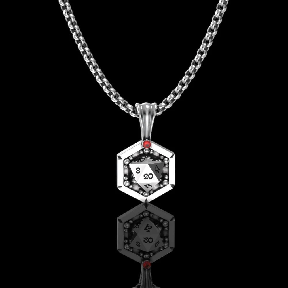 D20 Dice Pendant – Lab Ruby, Sterling Silver D&D Gamer Necklace