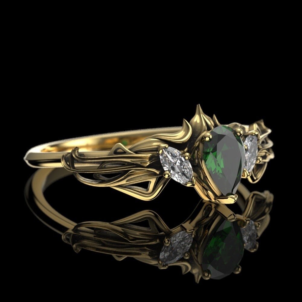 Elven Art Nouveau Engagement Ring – Pear Lab Emerald and Moissanite