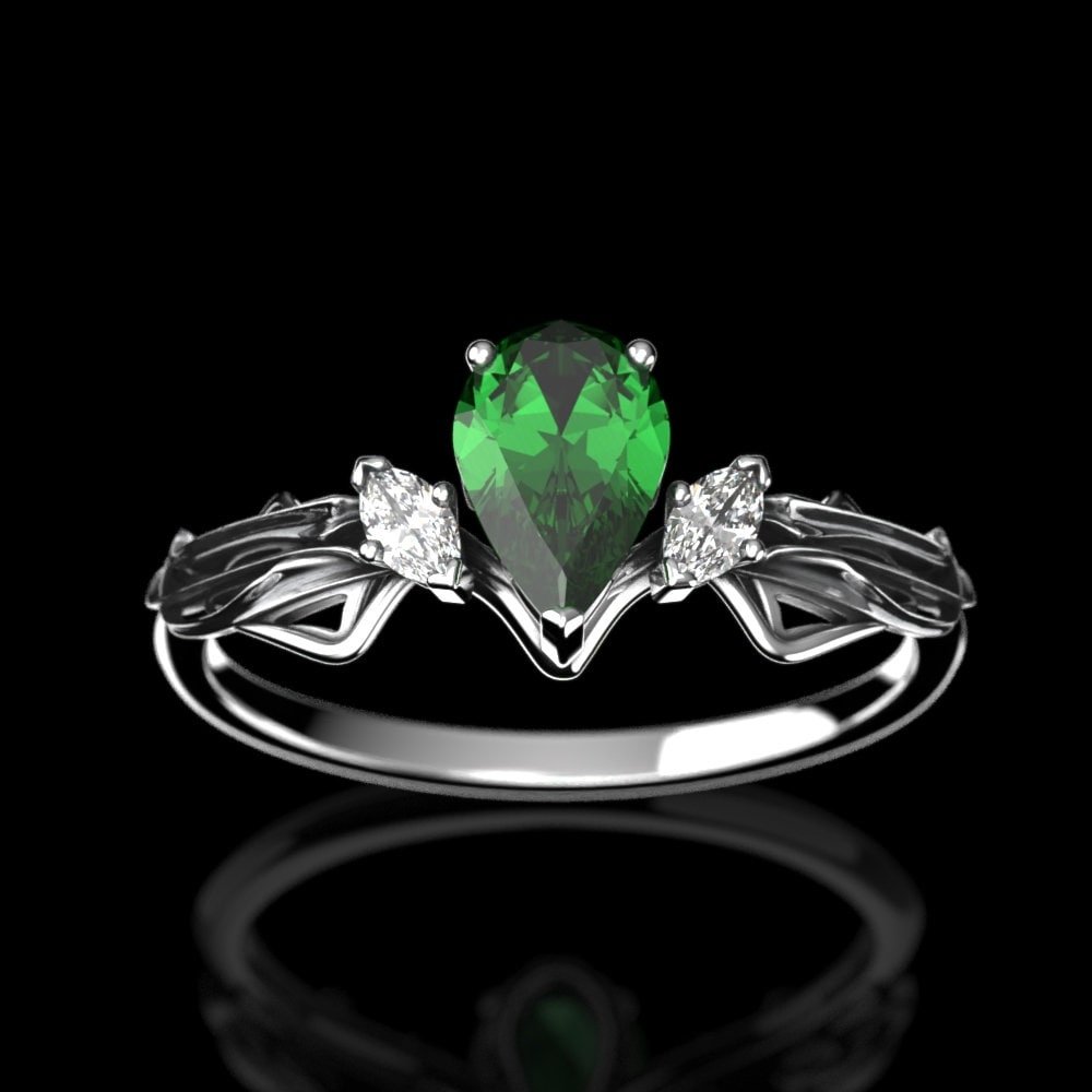 Elven Lab Emerald Engagement Ring – Art Nouveau Tiara Ring Solid Gold