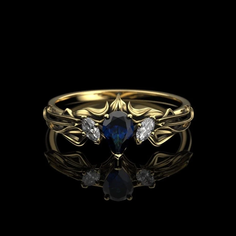 Elvish Art Nouveau Engagement Ring - Pear Lab Sapphire and Moissanite
