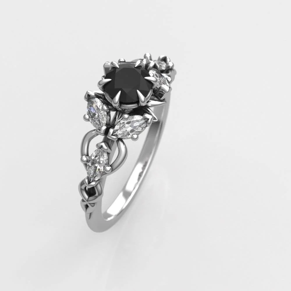 Elvish Black Diamond Engagement Ring – Marquise Moissanite Accent, 14k White Gold