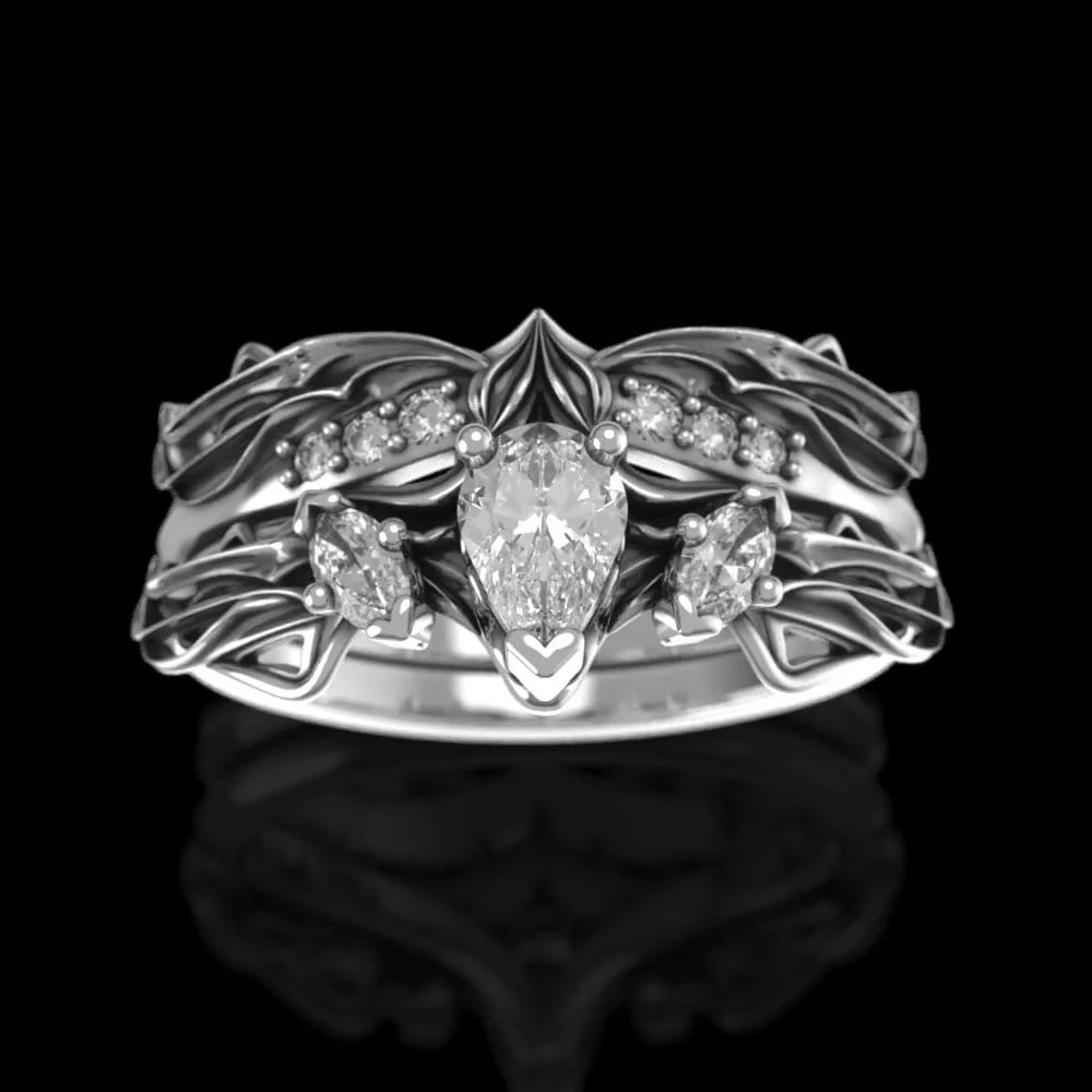 Elvish Moissanite Engagement Ring Set – Art Nouveau Crown Wedding Rings