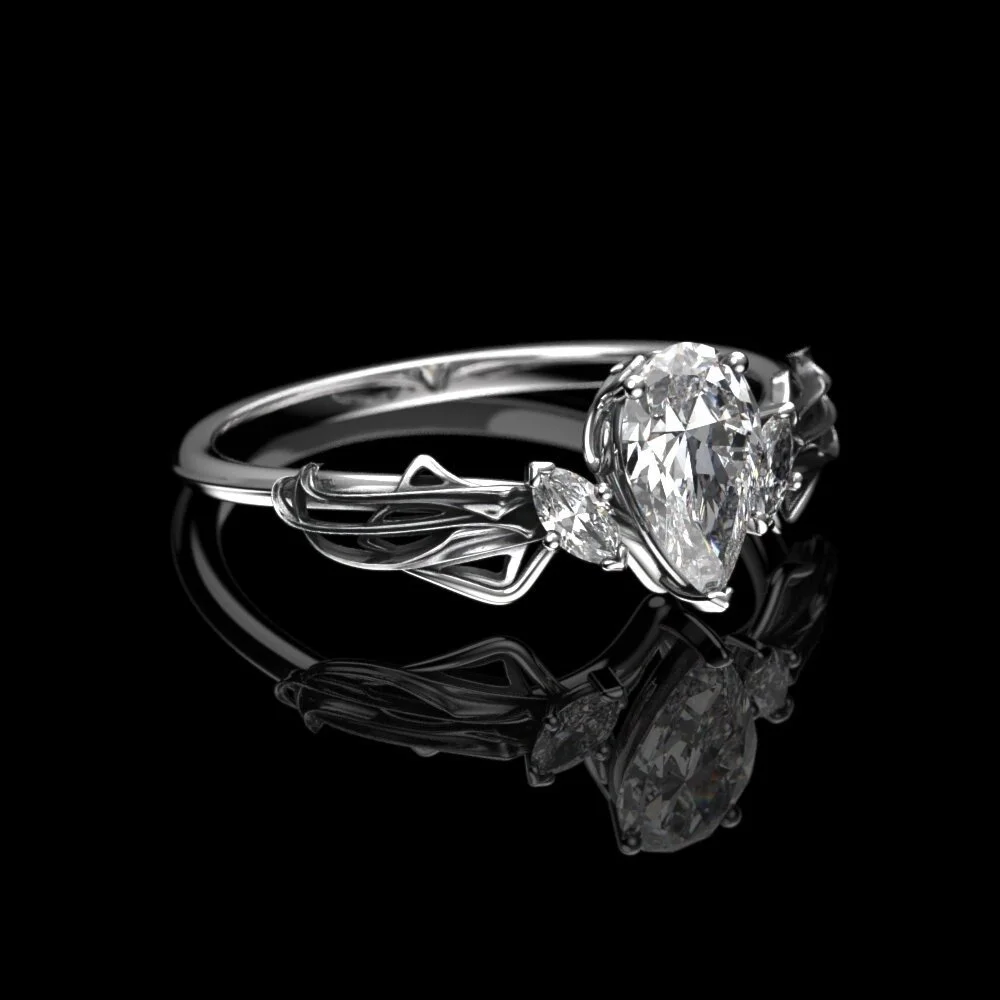 Elvish Pear Moissanite Engagement Ring – White Gold Art Nouveau