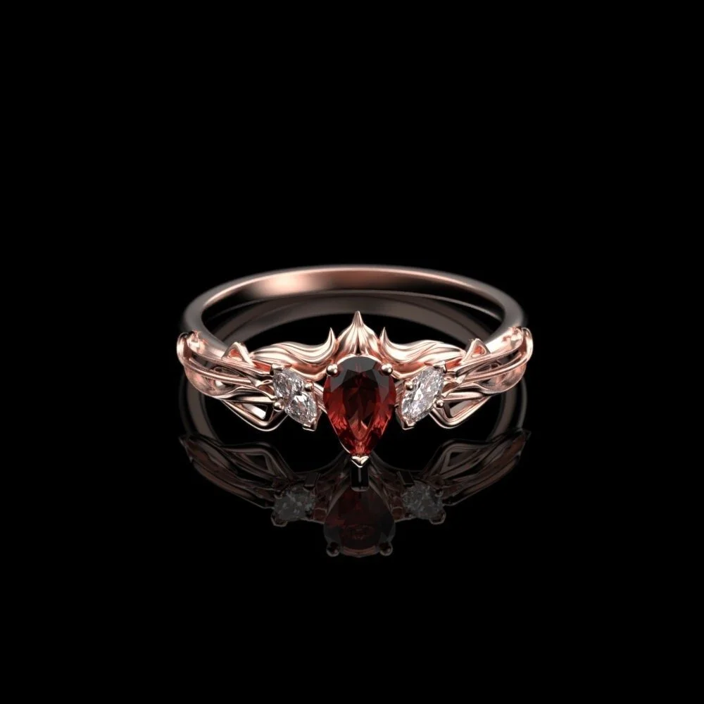 Elvish Ring in Rose Gold with Pear Cut Garnet – Art Nouveau Engagement Style
