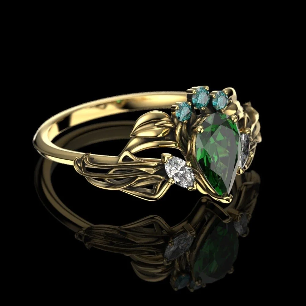 Elvish Tiara Ring - Pear Lab Emerald, Diamond Art Nouveau Engagement Ring Solid Gold