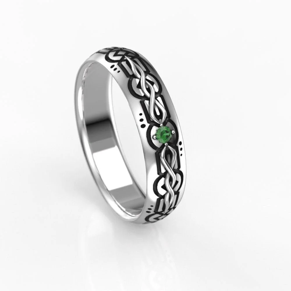 Engraved Celtic Emerald Men's Wedding Band - Oxidized Silver or Gold