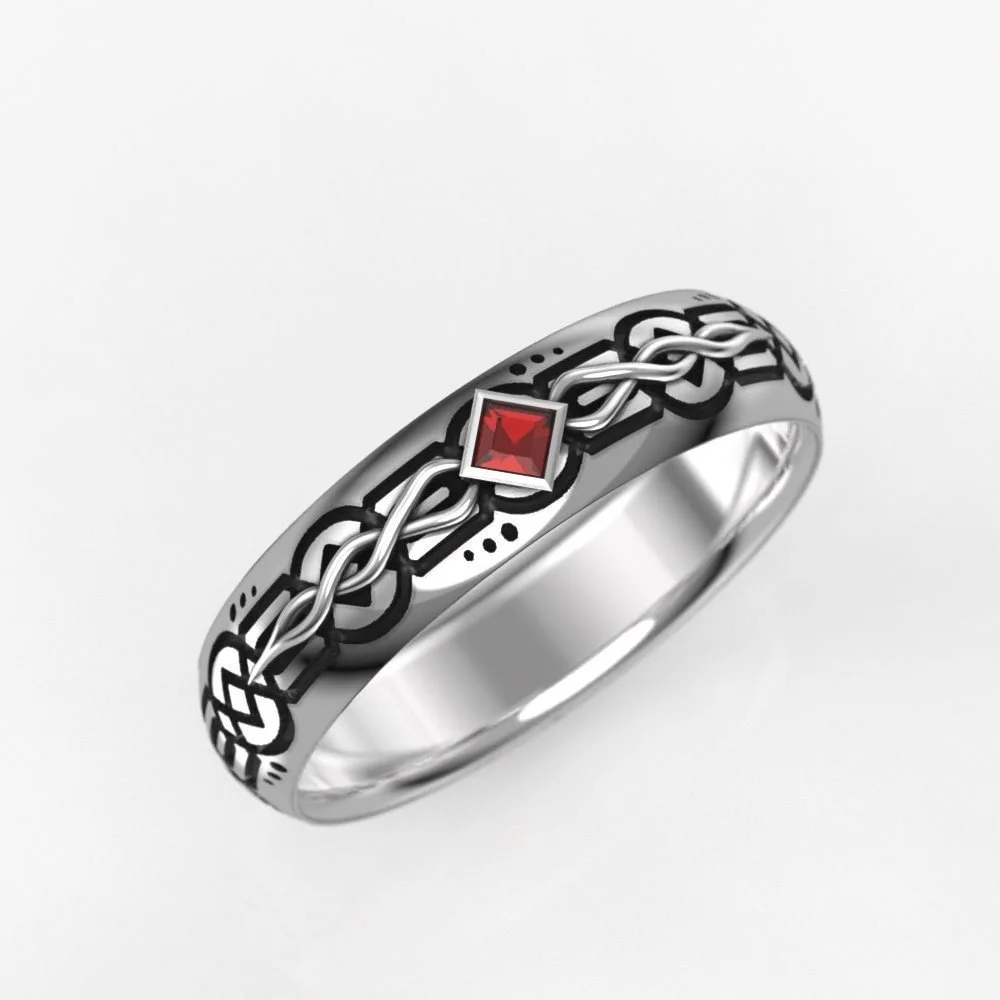 Engraved Celtic Men's Wedding Band – Silver or Gold  Elvish Ring with Lab Ruby
