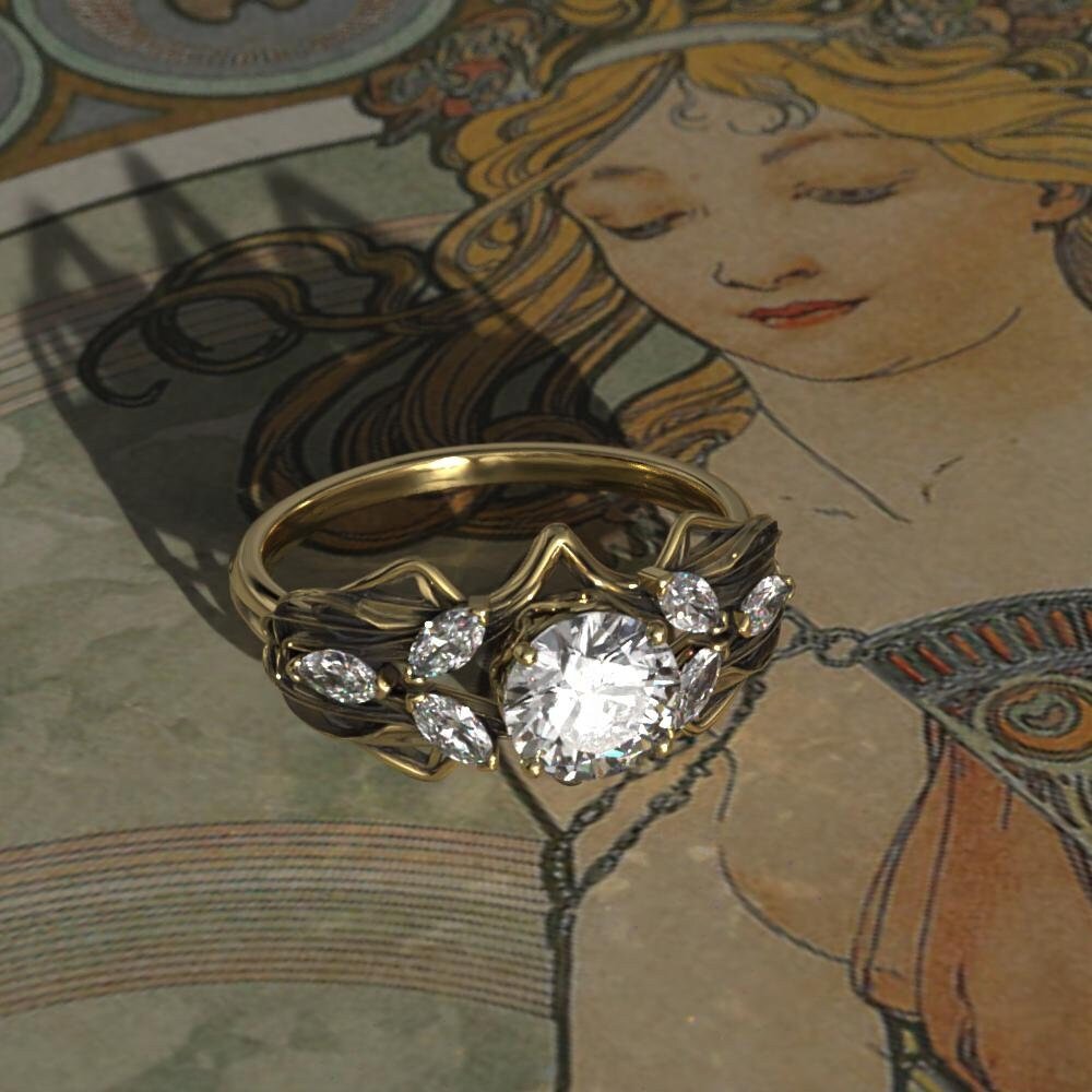 Gold Art Nouveau Moissanite Engagement Ring – Elvish Fantasy Design