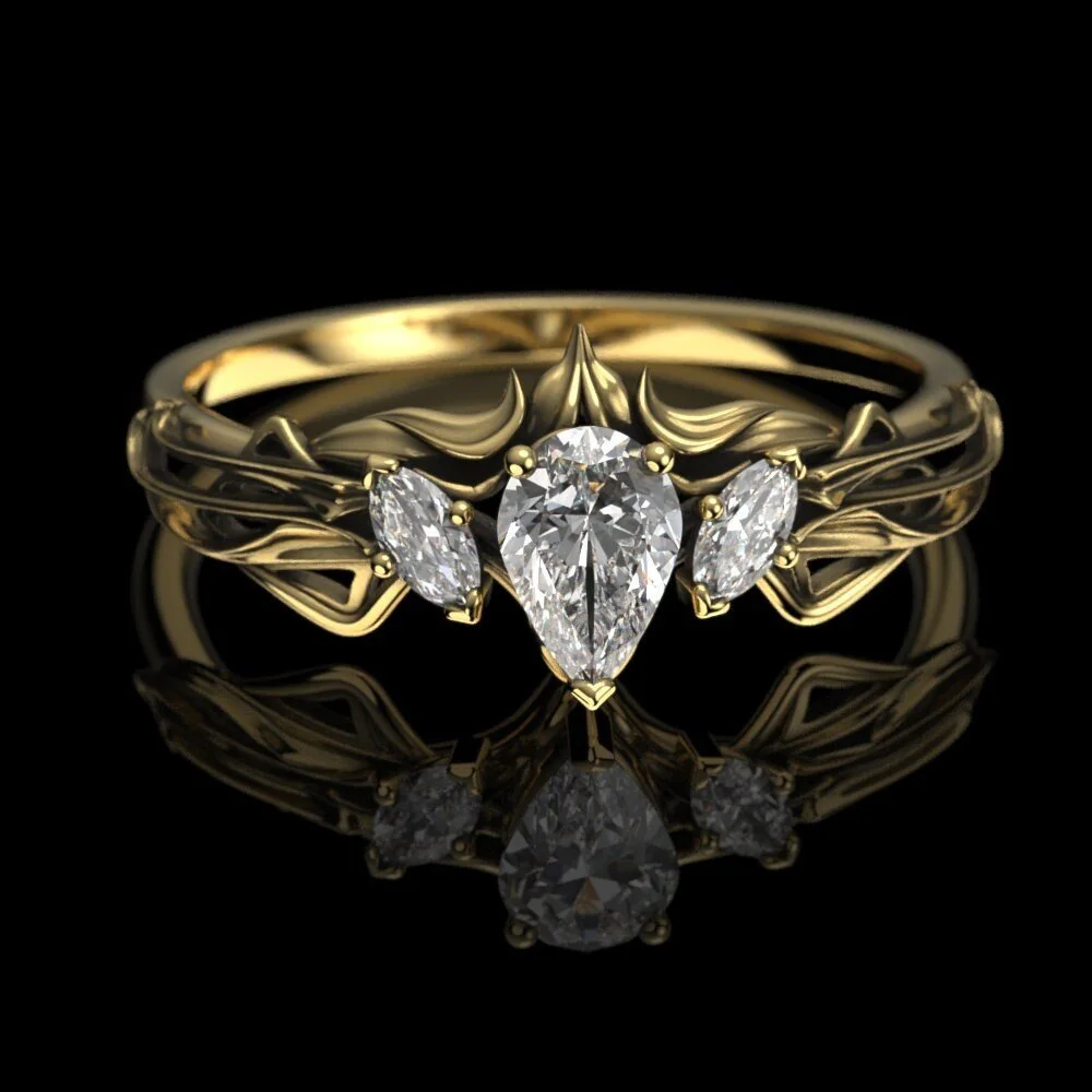 Gold Art Nouveau Pear Moissanite Engagement Ring