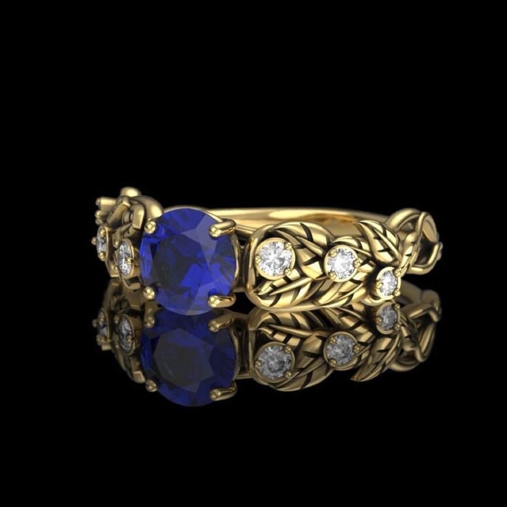 Gold Celtic Engagement Ring - 1 Carat Whimsical Ring with Lab Sapphire & Diamonds